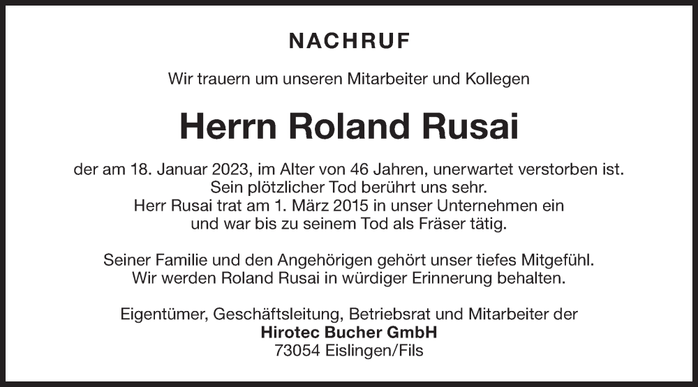  Traueranzeige für Roland Rusai vom 25.01.2023 aus NWZ Neue Württembergische Zeitung