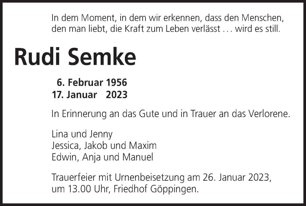  Traueranzeige für Rudi Semke vom 21.01.2023 aus NWZ Neue Württembergische Zeitung