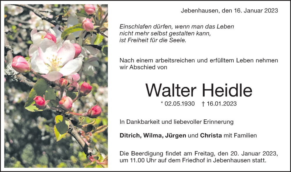  Traueranzeige für Walter Heidle vom 18.01.2023 aus NWZ Neue Württembergische Zeitung