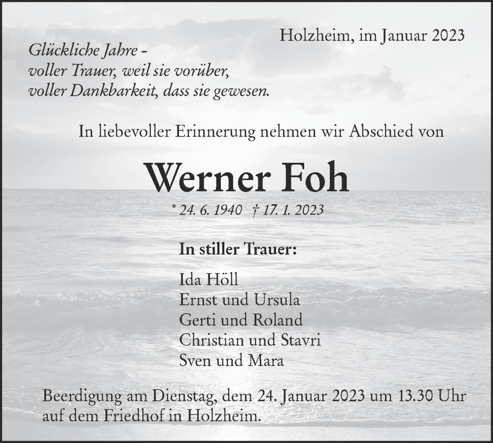  Traueranzeige für Werner Foh vom 21.01.2023 aus NWZ Neue Württembergische Zeitung