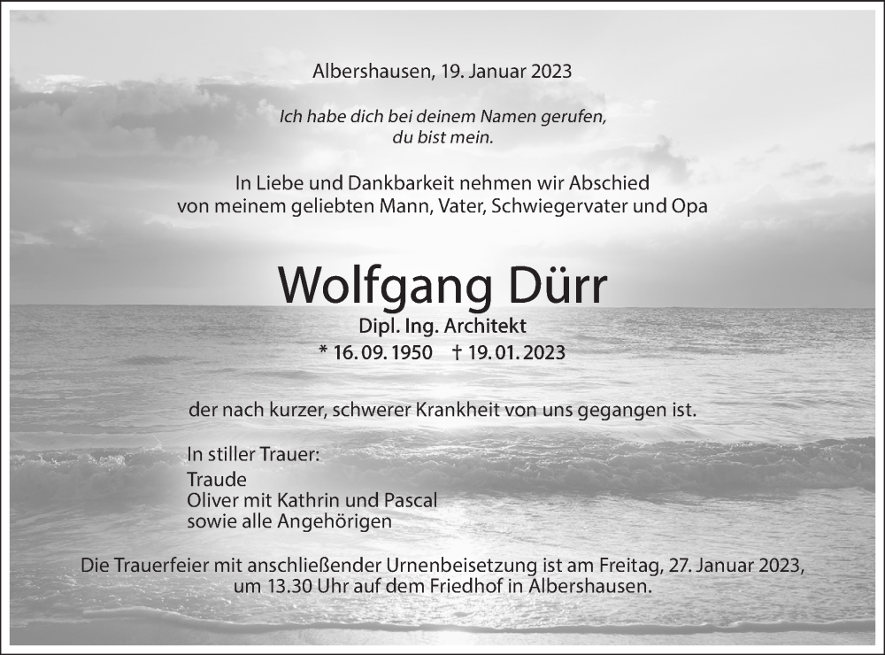  Traueranzeige für Wolfgang Dürr vom 21.01.2023 aus NWZ Neue Württembergische Zeitung