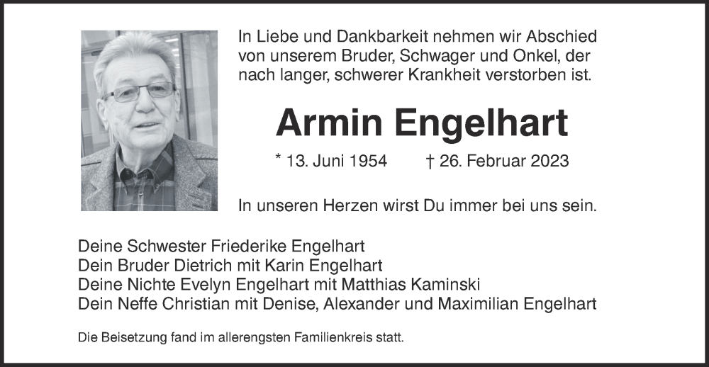  Traueranzeige für Armin Engelhart vom 18.03.2023 aus SÜDWEST PRESSE Ausgabe Ulm/Neu-Ulm