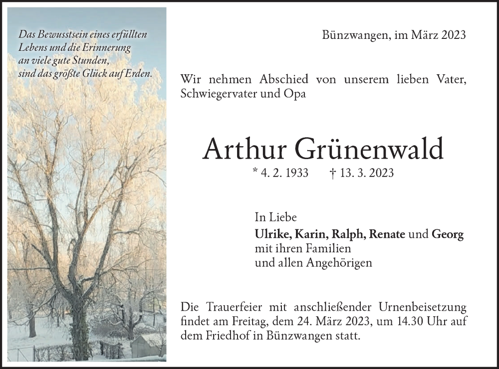  Traueranzeige für Arthur Grünenwald vom 18.03.2023 aus NWZ Neue Württembergische Zeitung
