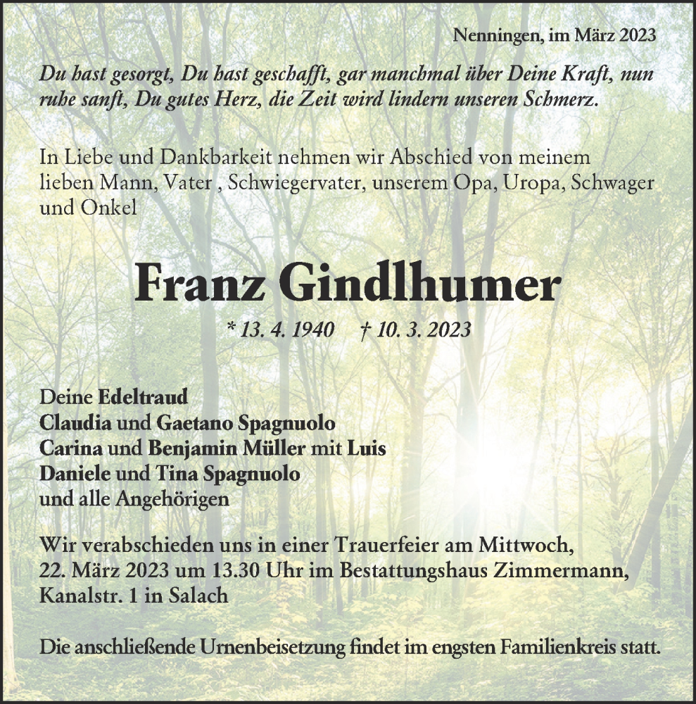  Traueranzeige für Franz Gindlhumer vom 18.03.2023 aus NWZ Neue Württembergische Zeitung
