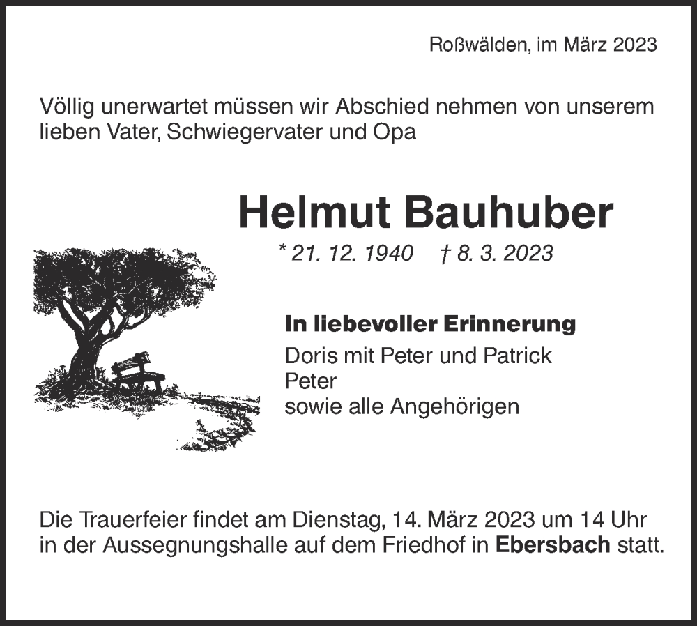  Traueranzeige für Helmut Bauhuber vom 11.03.2023 aus NWZ Neue Württembergische Zeitung