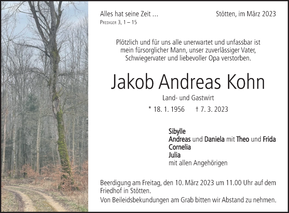  Traueranzeige für Jakob Kohn vom 09.03.2023 aus NWZ Neue Württembergische Zeitung/Geislinger Zeitung