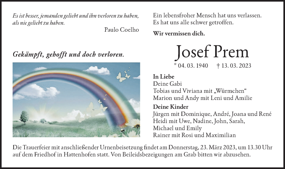  Traueranzeige für Josef Prem vom 18.03.2023 aus NWZ Neue Württembergische Zeitung