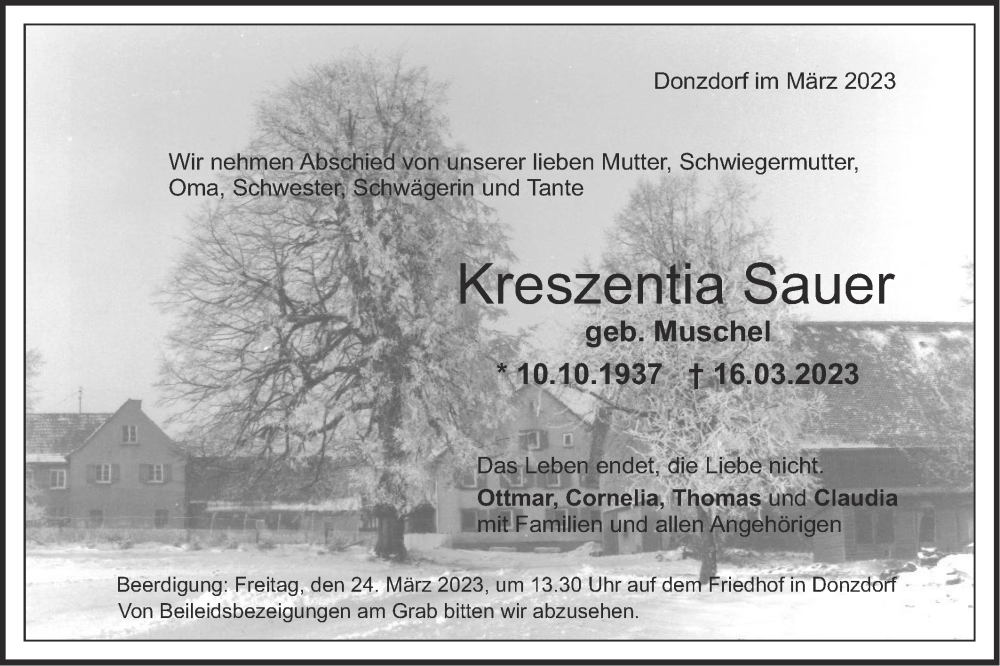  Traueranzeige für Kreszentia Sauer vom 18.03.2023 aus NWZ Neue Württembergische Zeitung