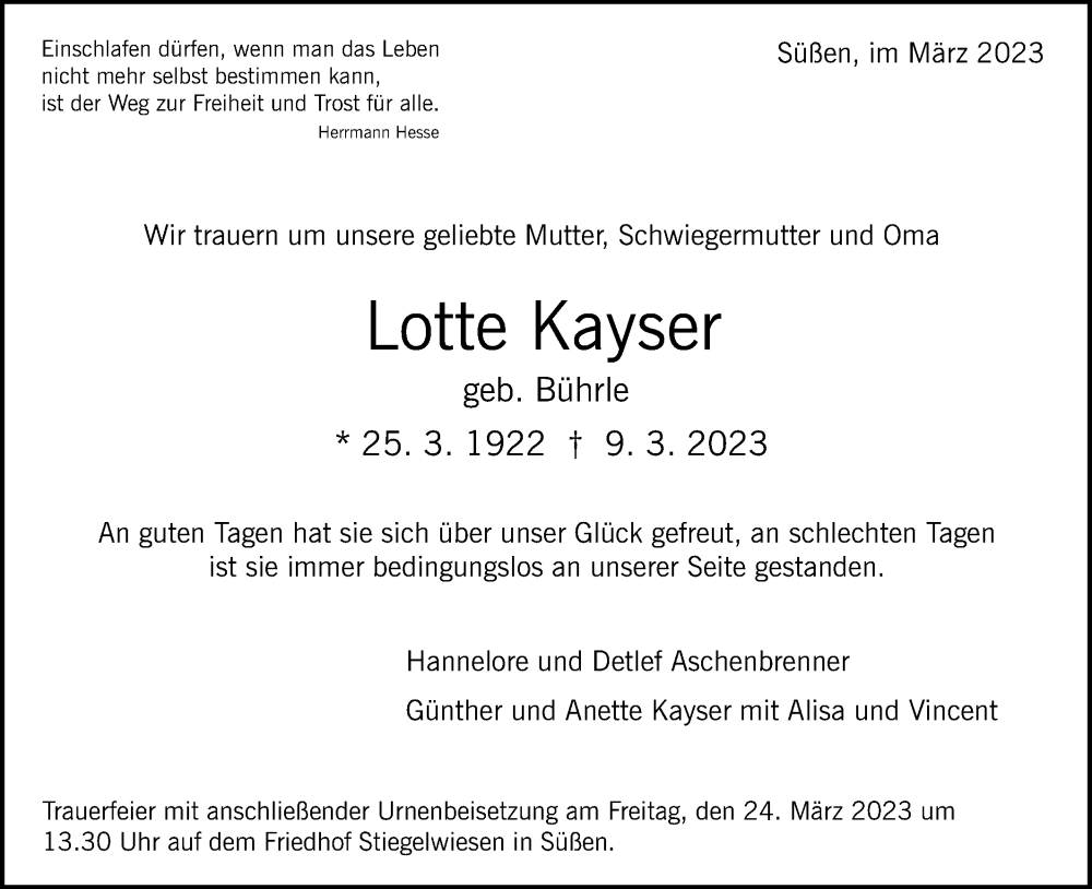  Traueranzeige für Lotte Kayser vom 15.03.2023 aus NWZ Neue Württembergische Zeitung