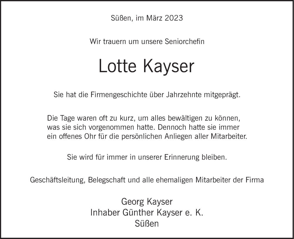  Traueranzeige für Lotte Kayser vom 15.03.2023 aus NWZ Neue Württembergische Zeitung