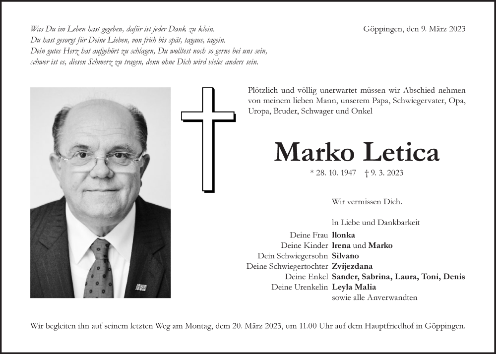  Traueranzeige für Marko Letica vom 15.03.2023 aus NWZ Neue Württembergische Zeitung/Geislinger Zeitung