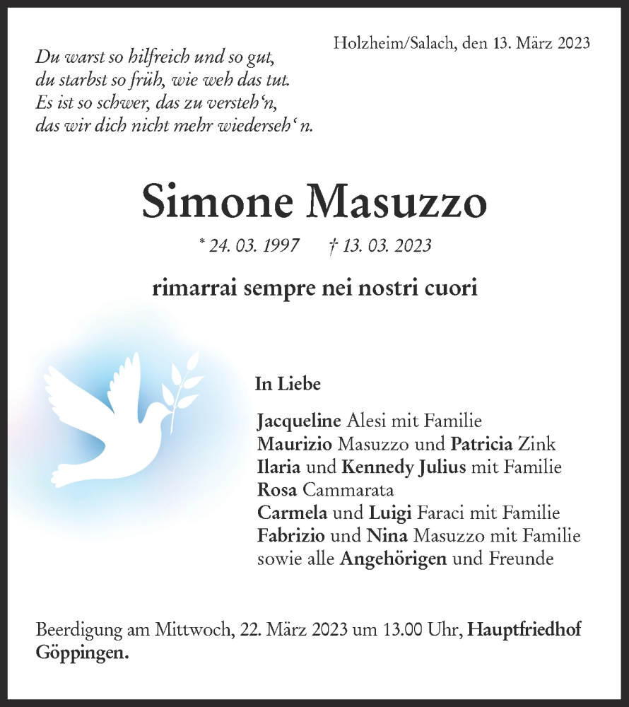  Traueranzeige für Simone Masuzzo vom 18.03.2023 aus NWZ Neue Württembergische Zeitung
