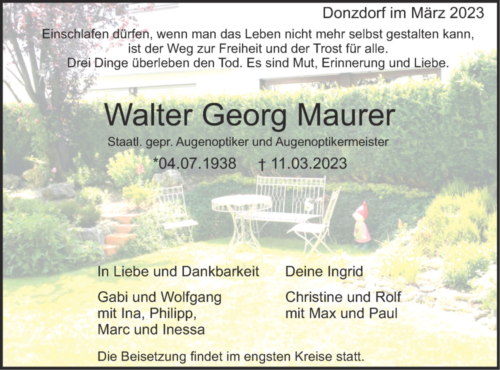  Traueranzeige für Walter Georg Maurer vom 16.03.2023 aus NWZ Neue Württembergische Zeitung/Geislinger Zeitung