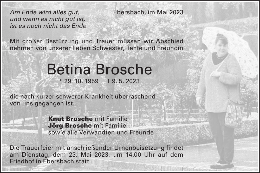  Traueranzeige für Betina Brosche vom 17.05.2023 aus NWZ Neue Württembergische Zeitung