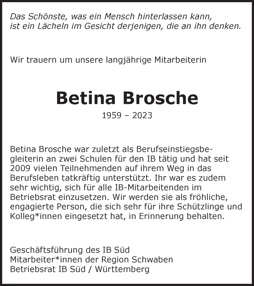  Traueranzeige für Betina Brosche vom 20.05.2023 aus NWZ Neue Württembergische Zeitung