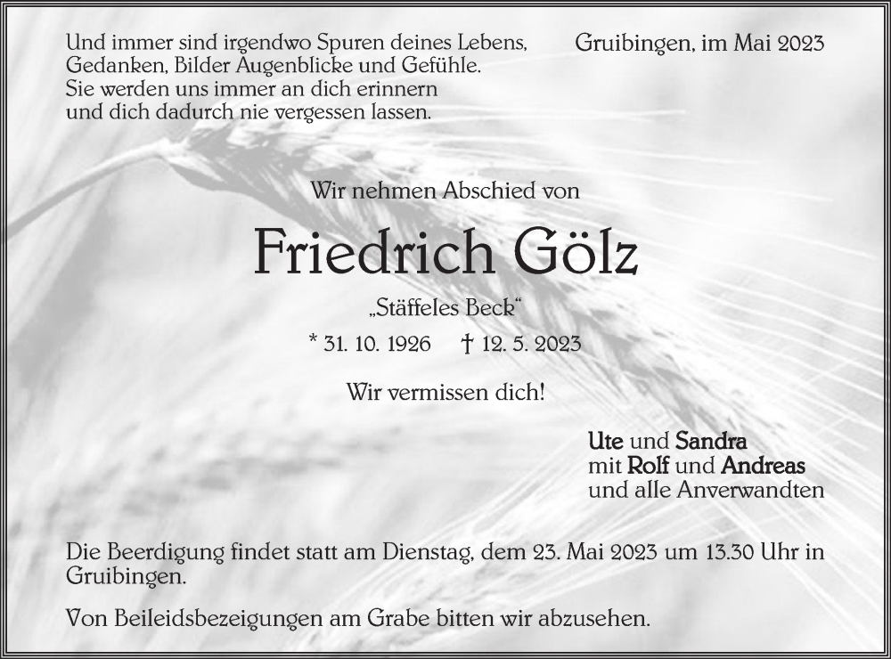  Traueranzeige für Friedrich Gölz vom 20.05.2023 aus NWZ Neue Württembergische Zeitung