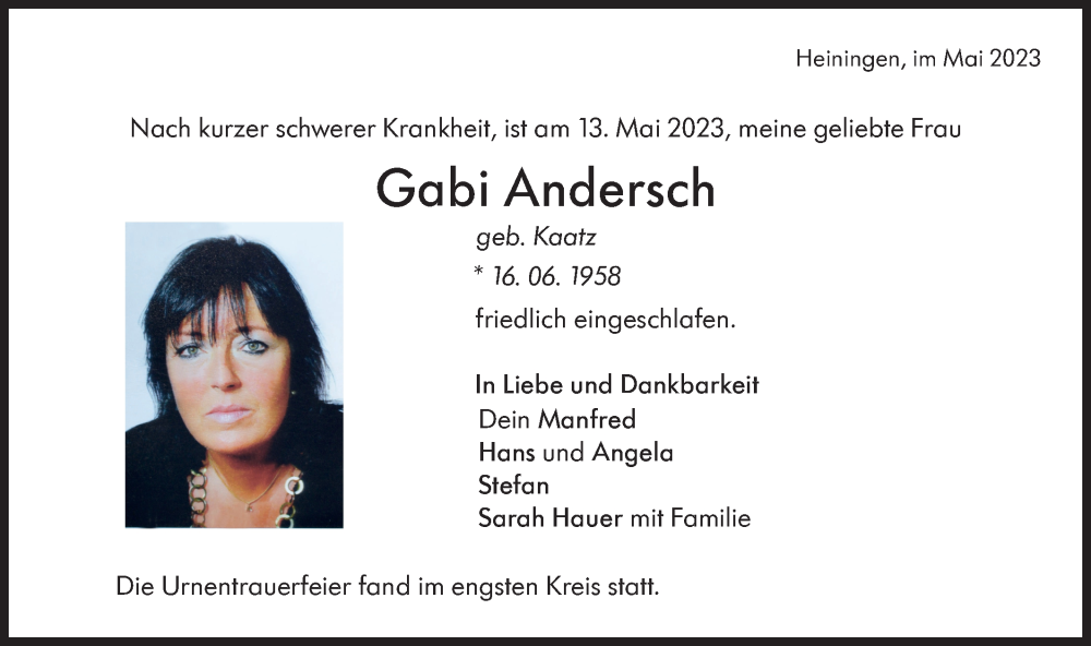 Traueranzeige für Gabi Andersch vom 20.05.2023 aus NWZ Neue Württembergische Zeitung