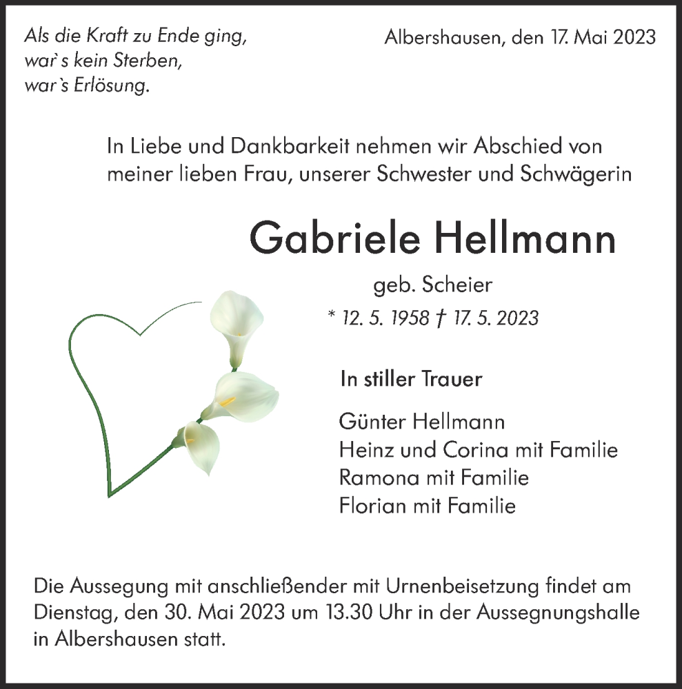  Traueranzeige für Gabriele Hellmann vom 20.05.2023 aus NWZ Neue Württembergische Zeitung
