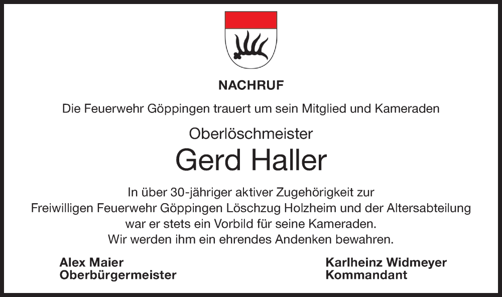  Traueranzeige für Gerd Haller vom 20.05.2023 aus NWZ Neue Württembergische Zeitung