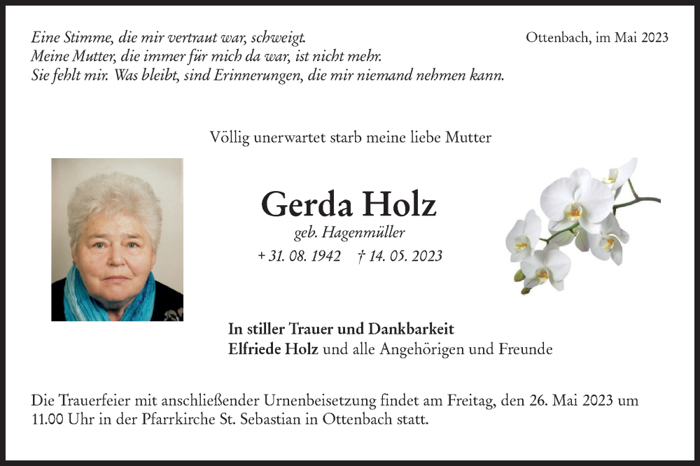  Traueranzeige für Gerda Holz vom 20.05.2023 aus NWZ Neue Württembergische Zeitung