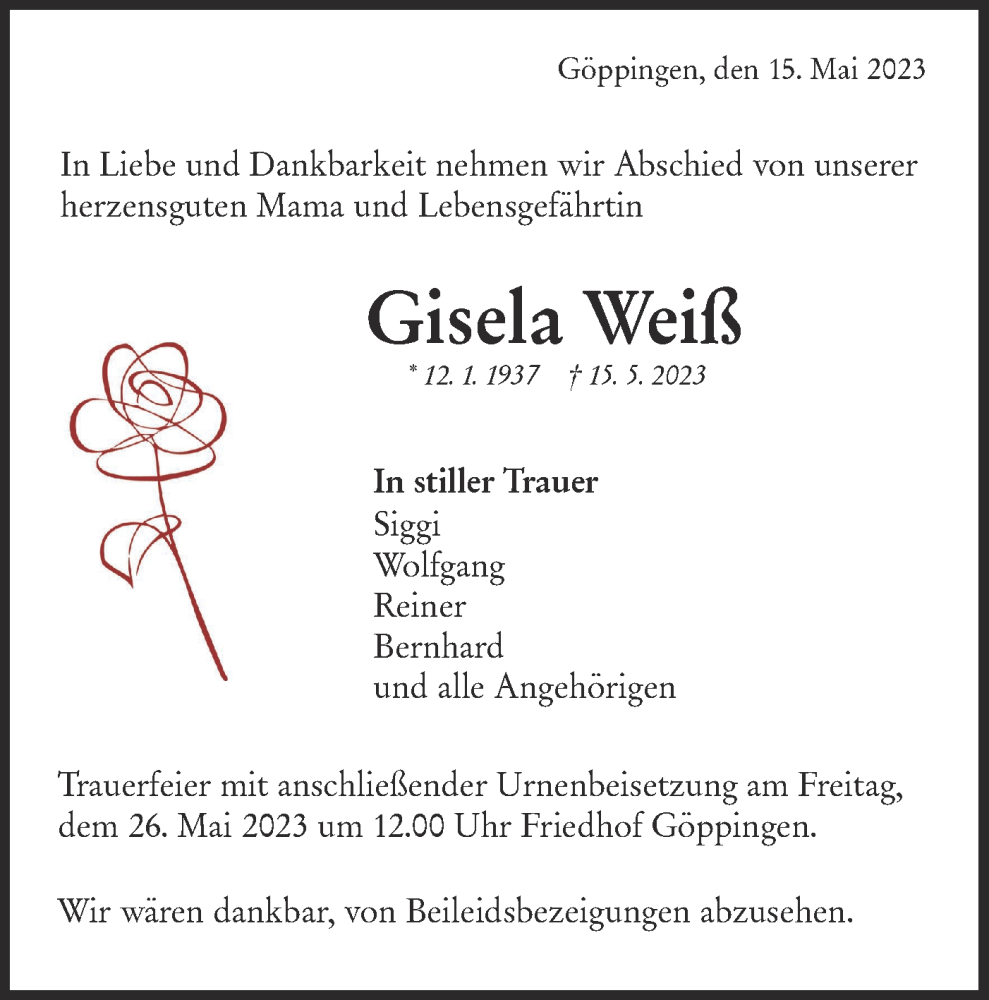  Traueranzeige für Gisela Weiß vom 20.05.2023 aus NWZ Neue Württembergische Zeitung