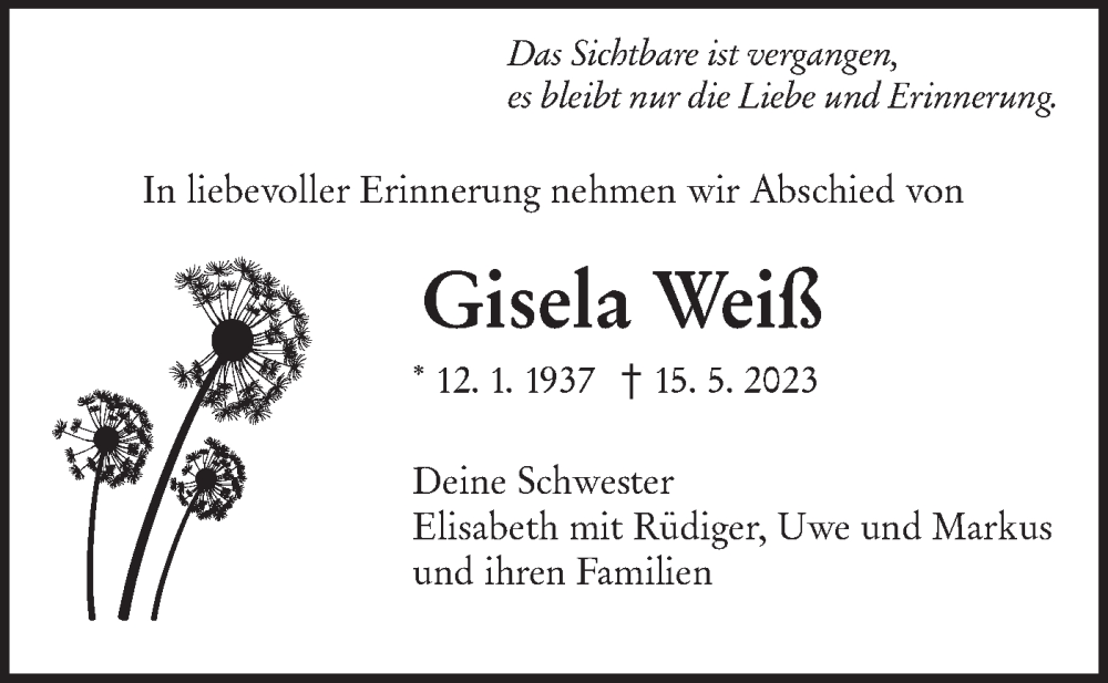  Traueranzeige für Gisela Weiß vom 23.05.2023 aus SÜDWEST PRESSE