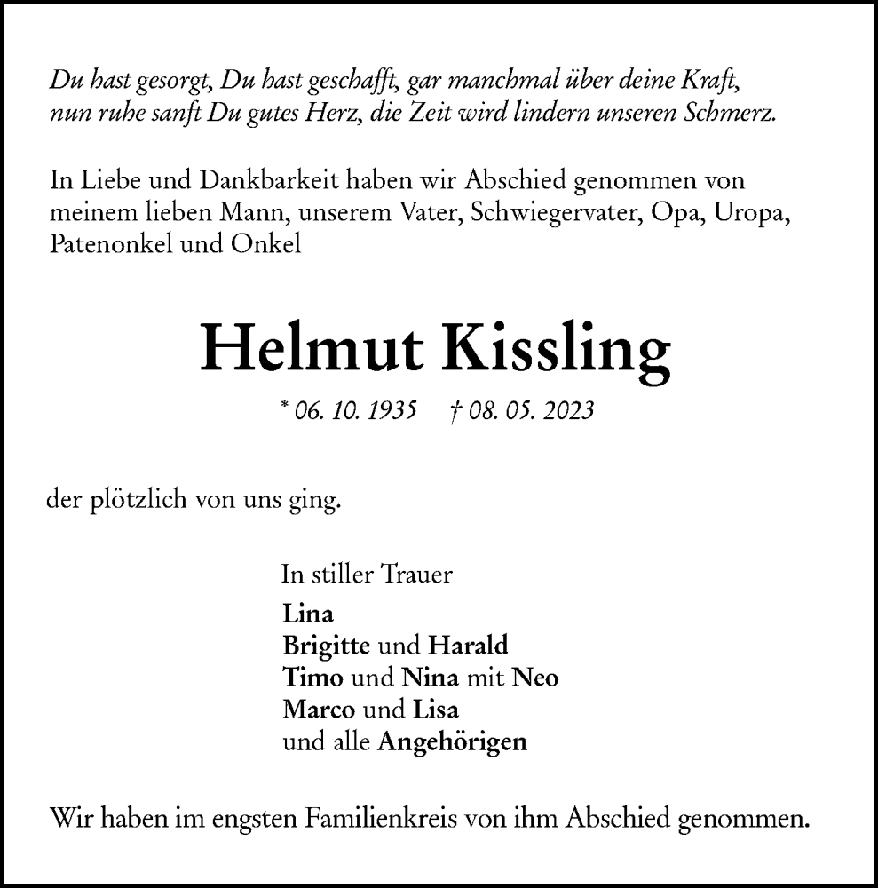  Traueranzeige für Helmut Kissling vom 15.05.2023 aus NWZ Neue Württembergische Zeitung