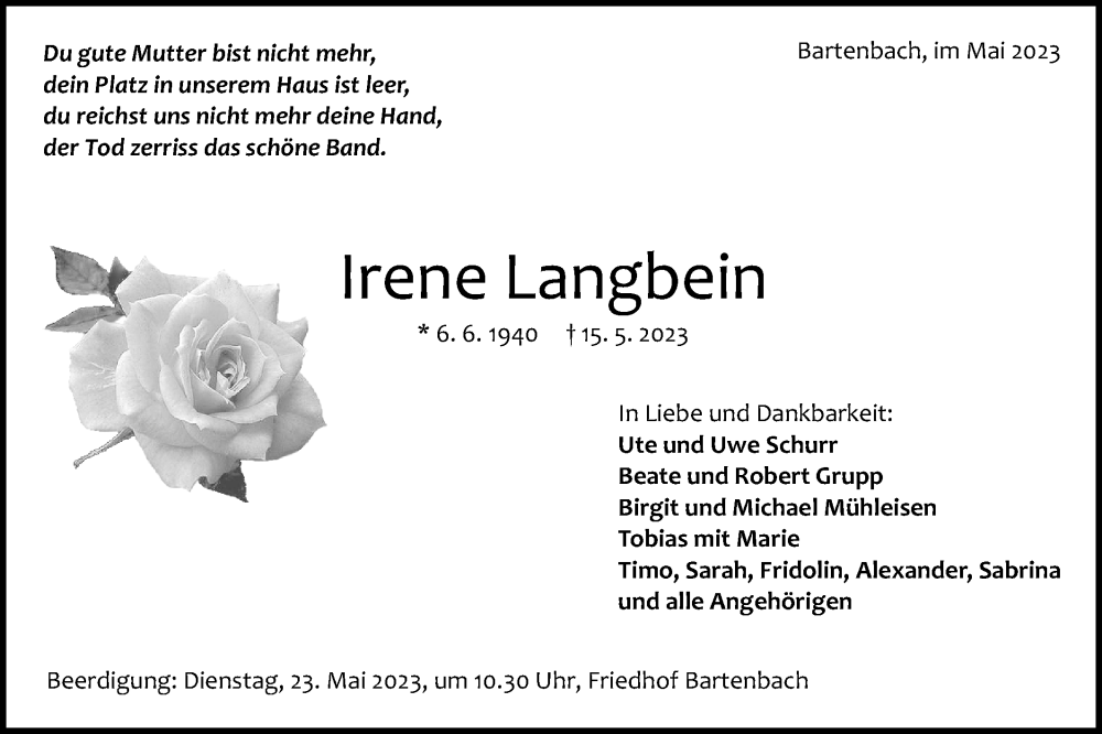  Traueranzeige für Irene Langbein vom 20.05.2023 aus NWZ Neue Württembergische Zeitung
