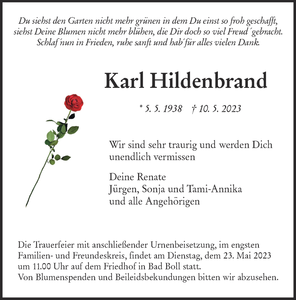  Traueranzeige für Karl Hildenbrand vom 20.05.2023 aus NWZ Neue Württembergische Zeitung