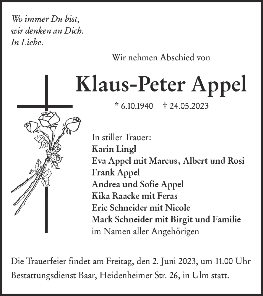  Traueranzeige für Klaus-Peter Appel vom 27.05.2023 aus SÜDWEST PRESSE Ausgabe Ulm/Neu-Ulm