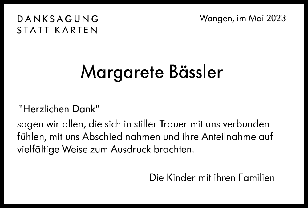  Traueranzeige für Margarete Bässler vom 20.05.2023 aus NWZ Neue Württembergische Zeitung