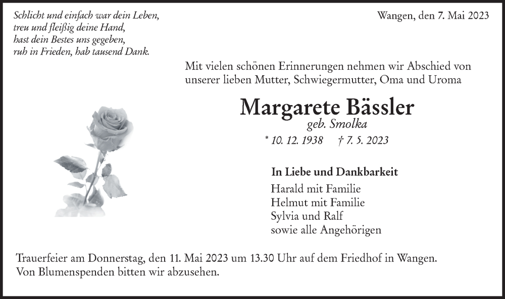  Traueranzeige für Margarete Bässler vom 09.05.2023 aus NWZ Neue Württembergische Zeitung