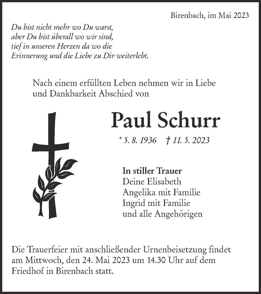  Traueranzeige für Paul Schurr vom 20.05.2023 aus NWZ Neue Württembergische Zeitung