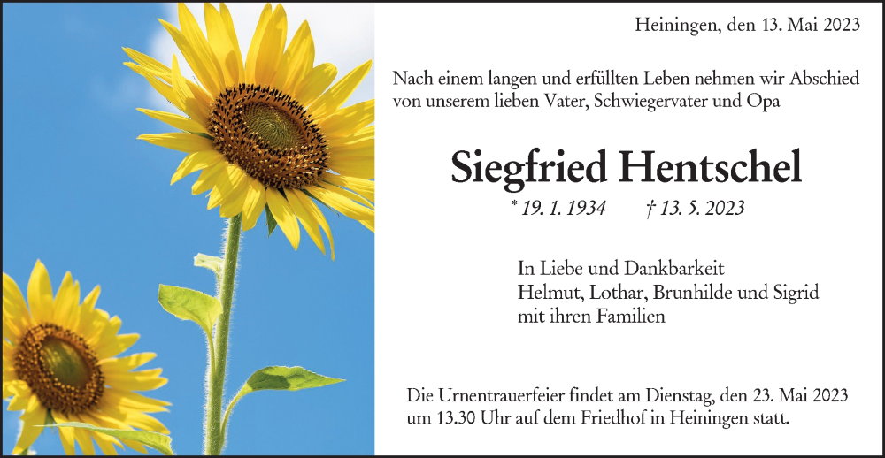  Traueranzeige für Siegfried Hentschel vom 17.05.2023 aus NWZ Neue Württembergische Zeitung
