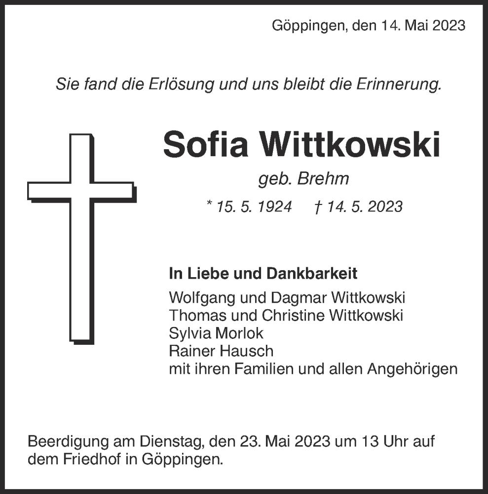  Traueranzeige für Sofia Wittkowski vom 17.05.2023 aus NWZ Neue Württembergische Zeitung