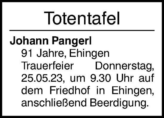 Traueranzeige von Totentafel vom 23.05.2023 von SÜDWEST PRESSE