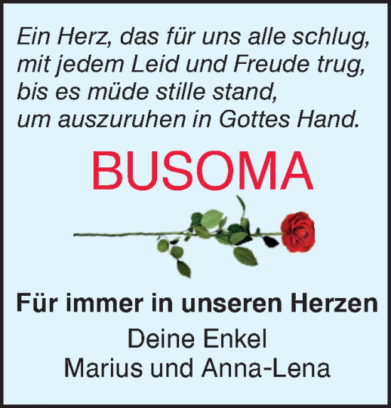 Traueranzeige von Busoma  von SÜDWEST PRESSE Ausgabe Ulm/Neu-Ulm