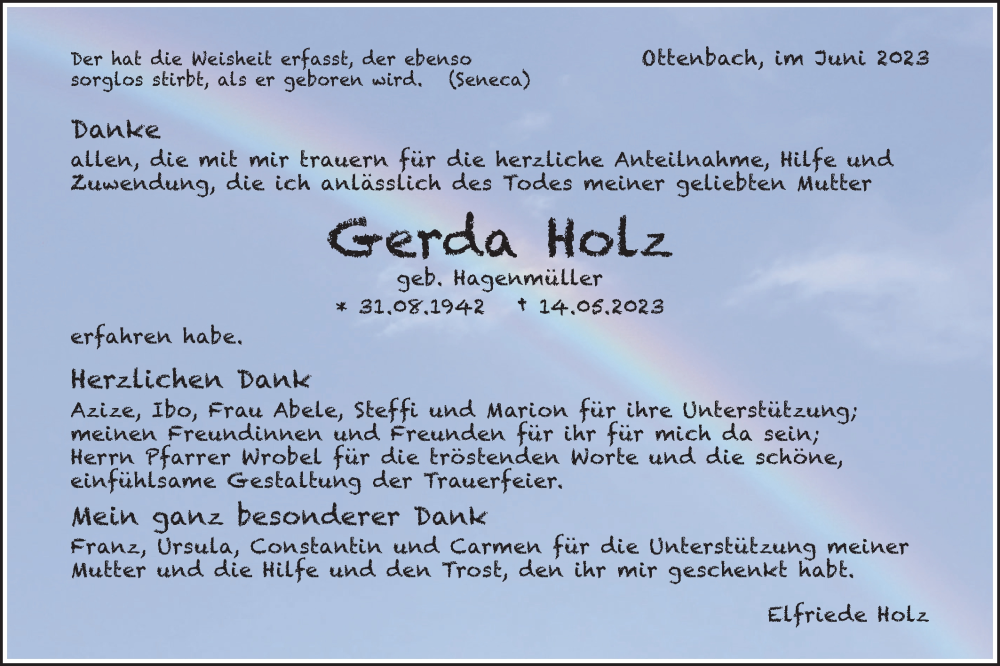 Traueranzeige für Gerda Holz vom 05.06.2023 aus SÜDWEST PRESSE