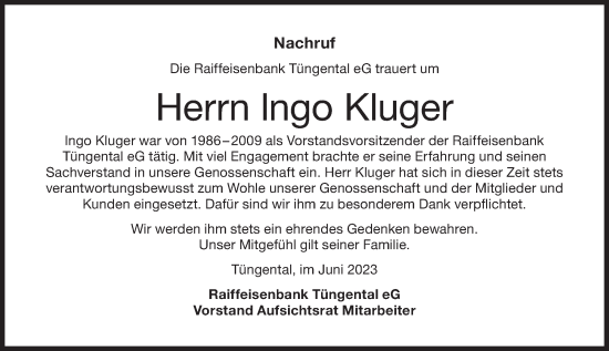 Traueranzeige von Ingo Kluger von Haller Tagblatt