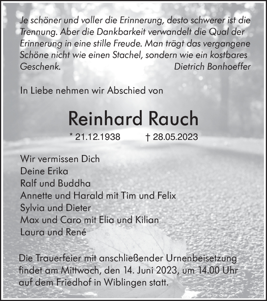  Traueranzeige für Reinhard Rauch vom 07.06.2023 aus SÜDWEST PRESSE Ausgabe Ulm/Neu-Ulm