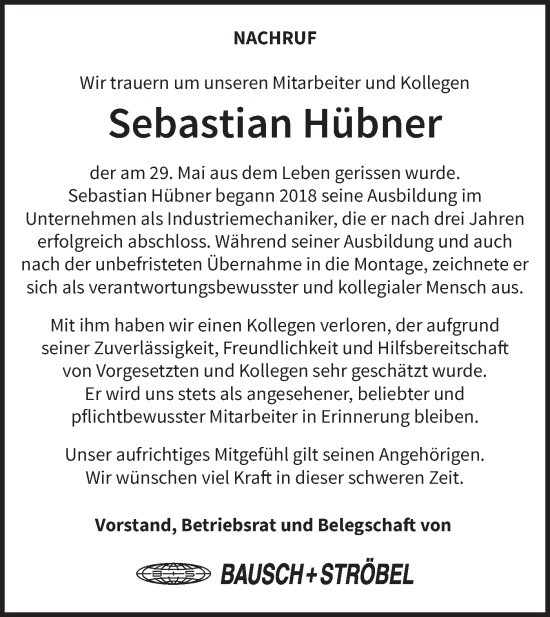 Traueranzeige von Sebastian Hübner von Hohenloher Tagblatt