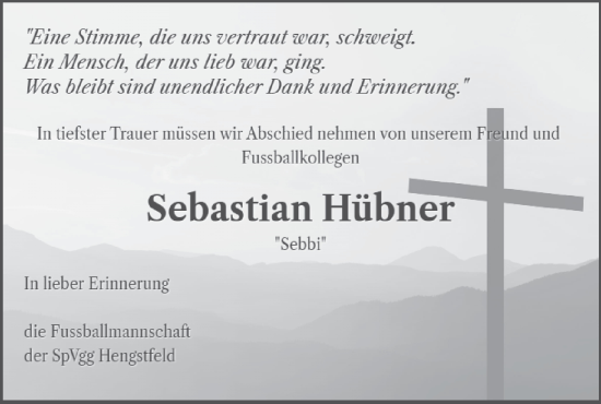 Traueranzeige von Sebastian Hübner von Hohenloher Tagblatt
