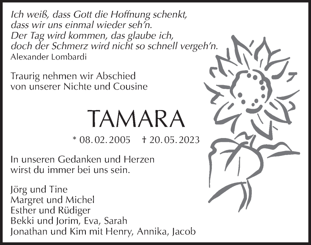  Traueranzeige für Tamara Katharina vom 07.06.2023 aus Haller Tagblatt