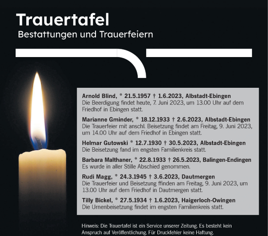 Traueranzeige von Totentafel vom 07.06.2023 von Hohenzollerische Zeitung