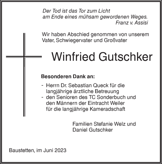 Traueranzeige von Winfried Gutschker von SÜDWEST PRESSE Ausgabe Ulm/Neu-Ulm