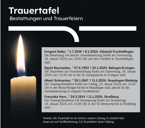 Traueranzeige von Totentafel vom 17.01.2024 von Hohenzollerische Zeitung