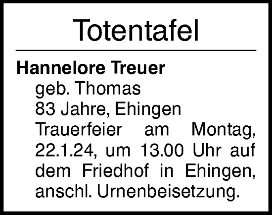 Traueranzeige von Totentafel vom 18.01.2024 von Ehinger Tagblatt