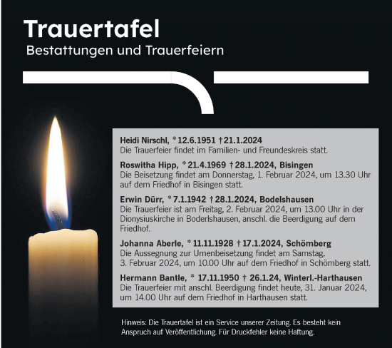 Traueranzeige von Totentafel vom 31.01.2024 von Hohenzollerische Zeitung