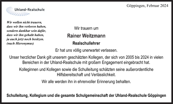 Traueranzeige von Rainer Weitzmann von NWZ Neue Württembergische Zeitung
