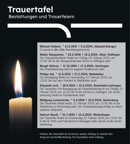 Traueranzeige von Totentafel vom 21.02.2024 von Hohenzollerische Zeitung